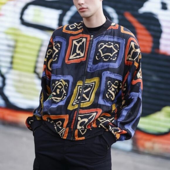 Vintage Goouch Mens L Silk Bomber Jacket Eclectic Retro Blue Orange Abstract 90s - Picture 1 of 11